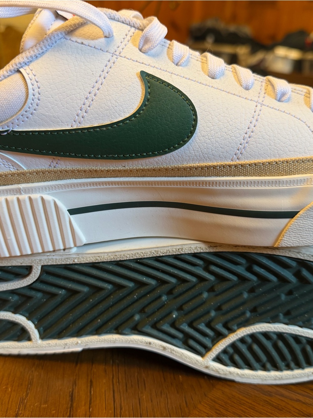 Nike Men’s White Sneaker with Dark Green Swoosh